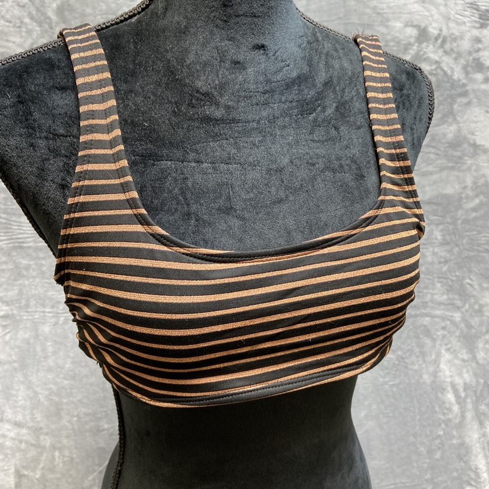 Xhileration Swimsuit Top Women's Size L Black Striped Stretch Adjustable Sparkly